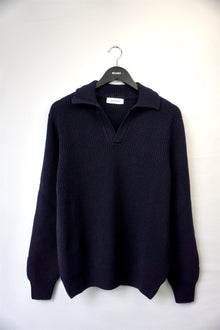 Ribbet Strikkegenser med Skipperkrage i 100% ull - Navy