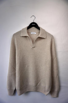 Ribbet Strikkegenser med Skipperkrage i 100% ull - Beige