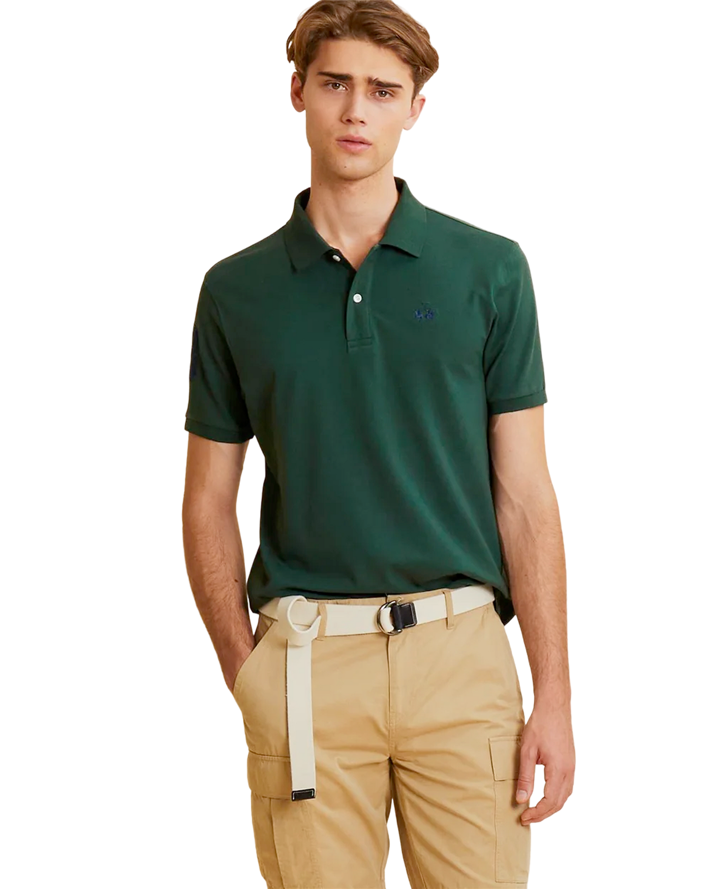 Men’s stretch piqué polo with sleeve number – Ray