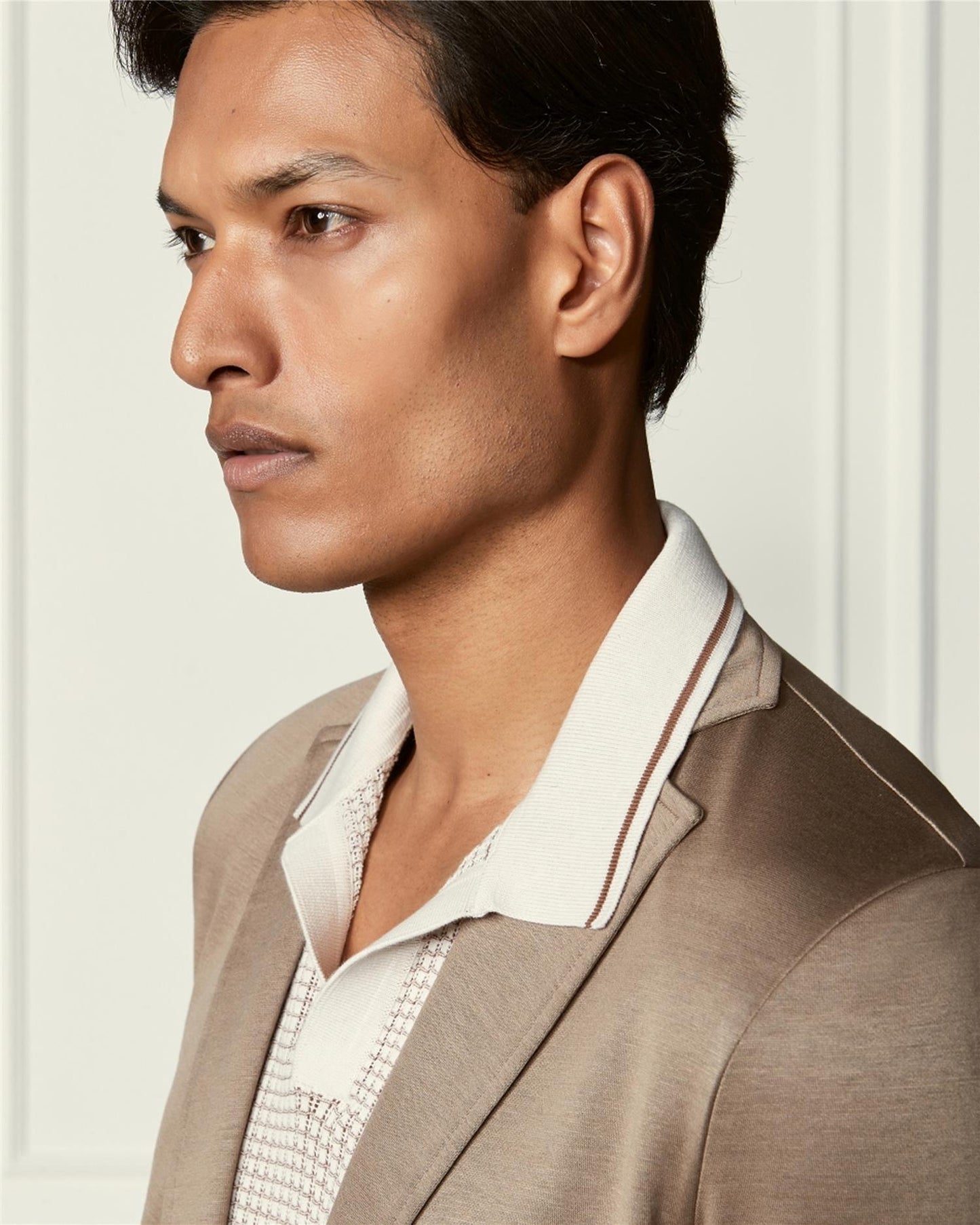 Openwork Stitch Bicolor Knit Skipper Polo - Beige