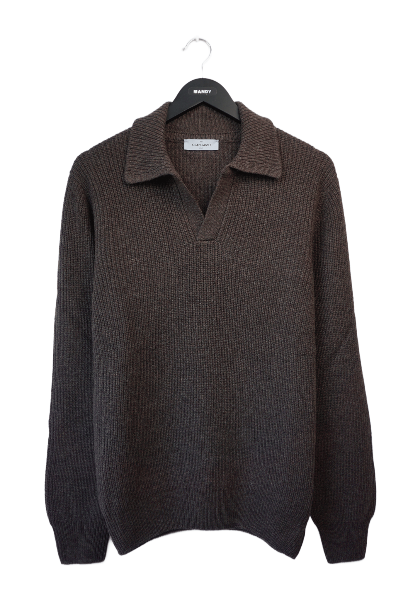 Ribbet Strikkegenser med Skipperkrage i 100% ull - Dark Brown