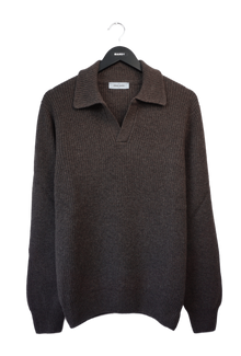Ribbet Strikkegenser med Skipperkrage i 100% ull - Dark Brown