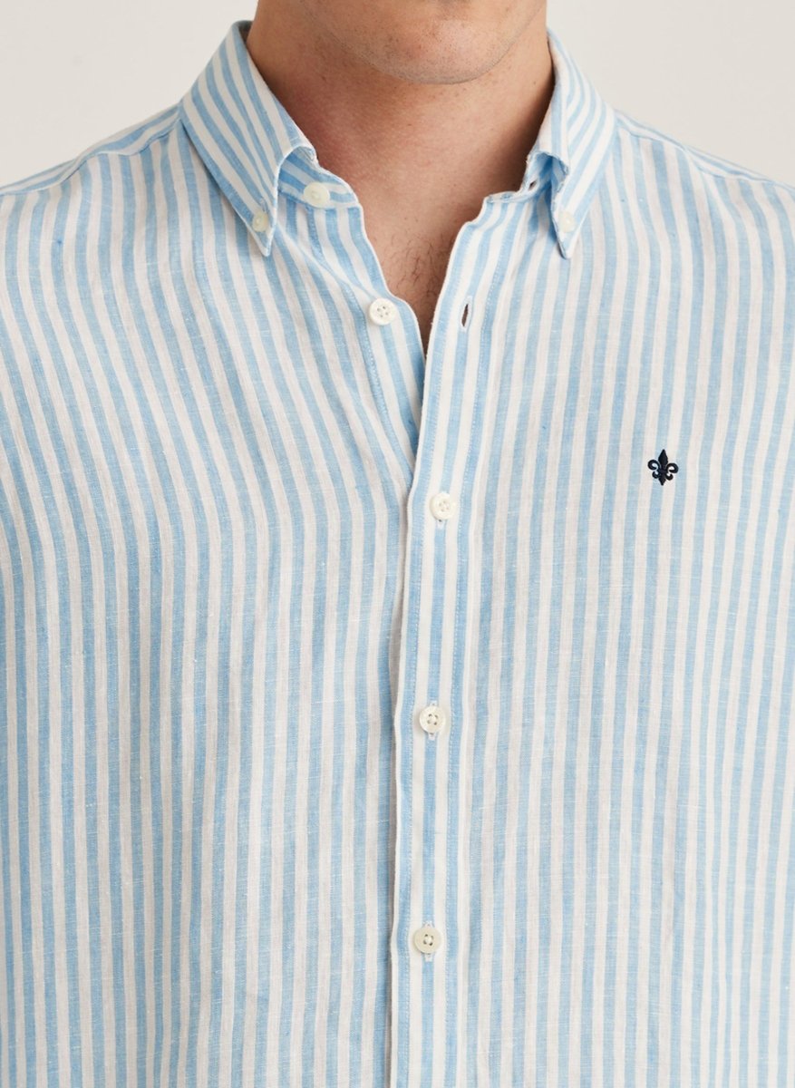 Morris Stockholm Douglas Linen Stripe BD Shirt 56 Blue - Mandy