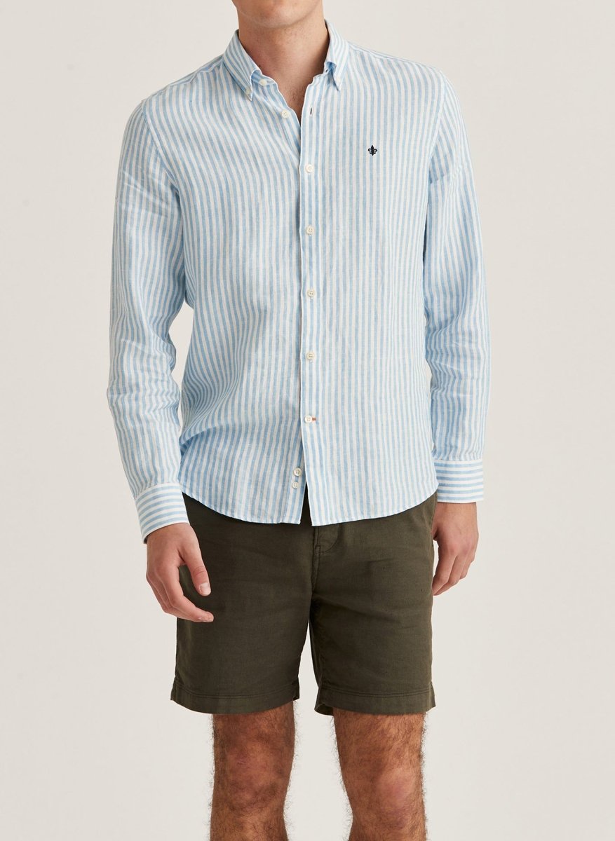 Morris Stockholm Douglas Linen Stripe BD Shirt 56 Blue - Mandy