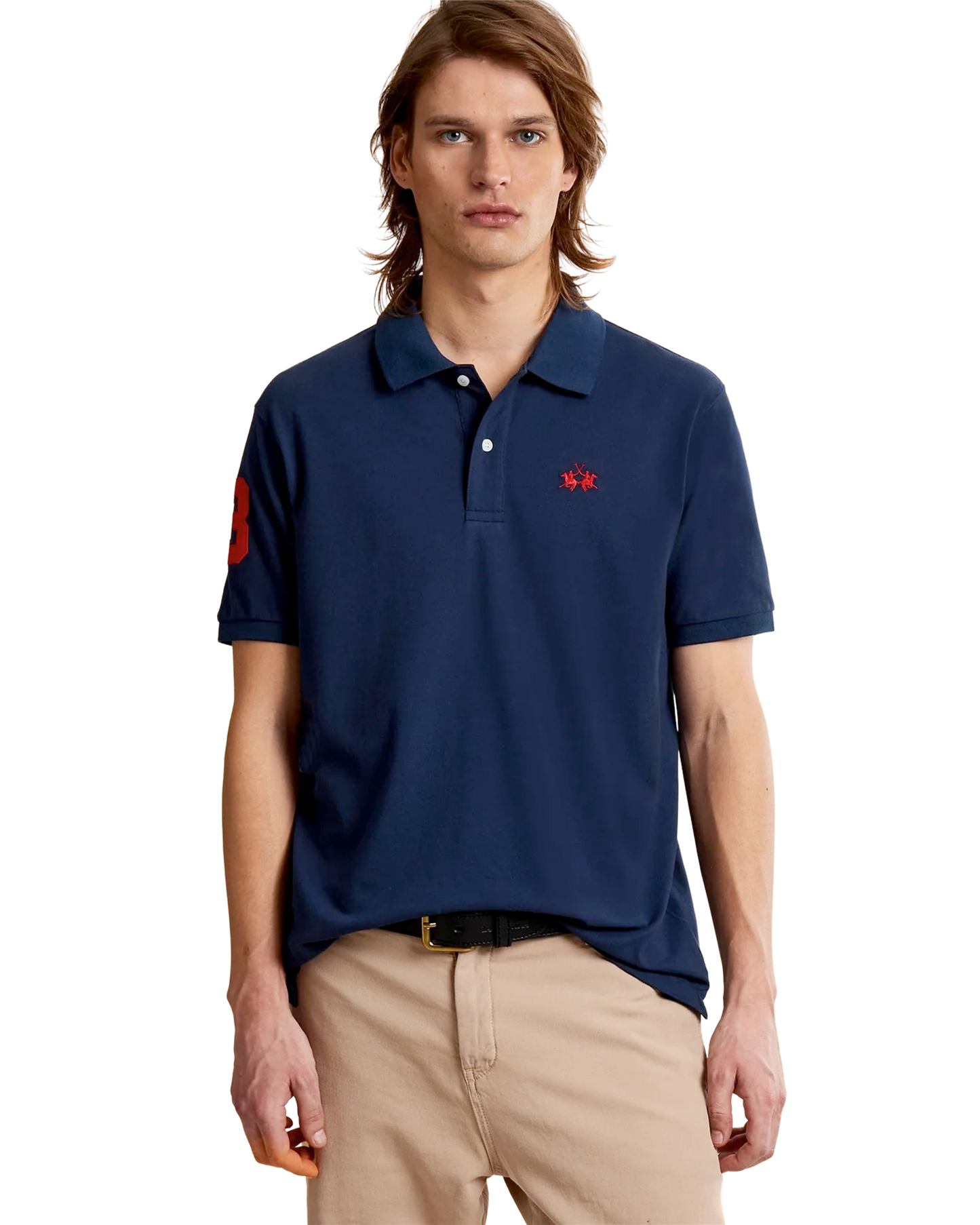 Men’s stretch piqué polo with sleeve number – Ray