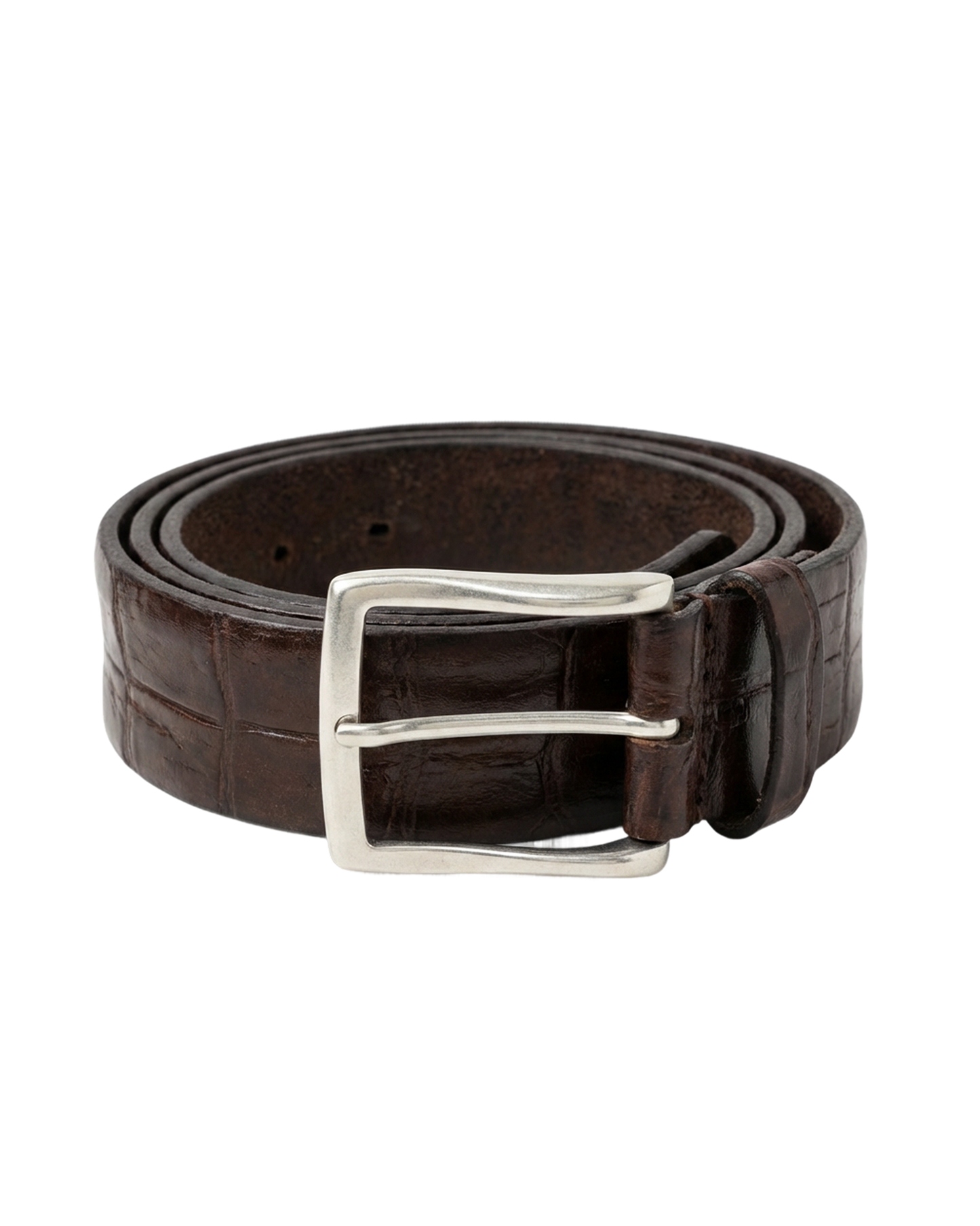 Croc-Effect Leather Belt – Dark Brown