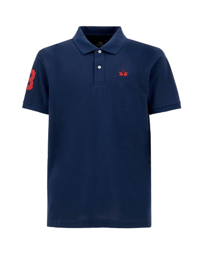 Men’s stretch piqué polo with sleeve number – Ray
