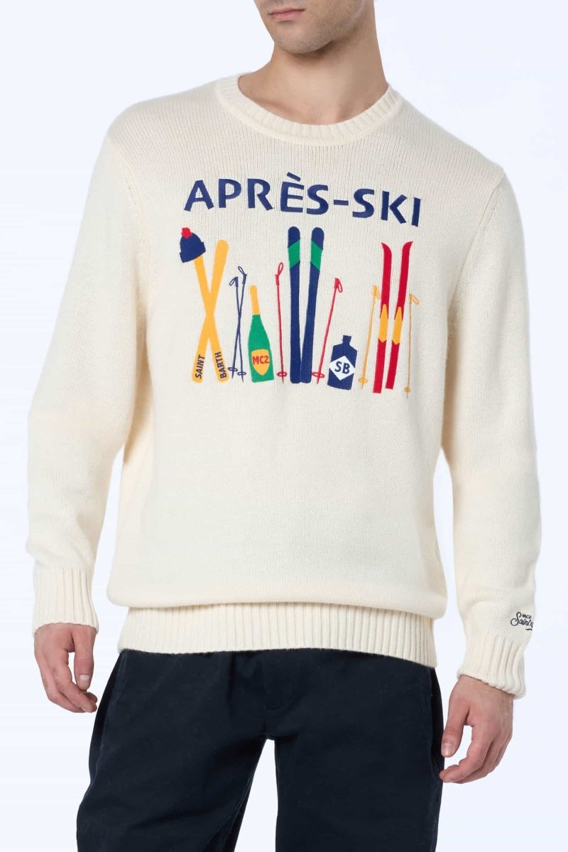 MC2 Saint Barth Man white sweater Bombardino with Après ski embroidery - Mandy