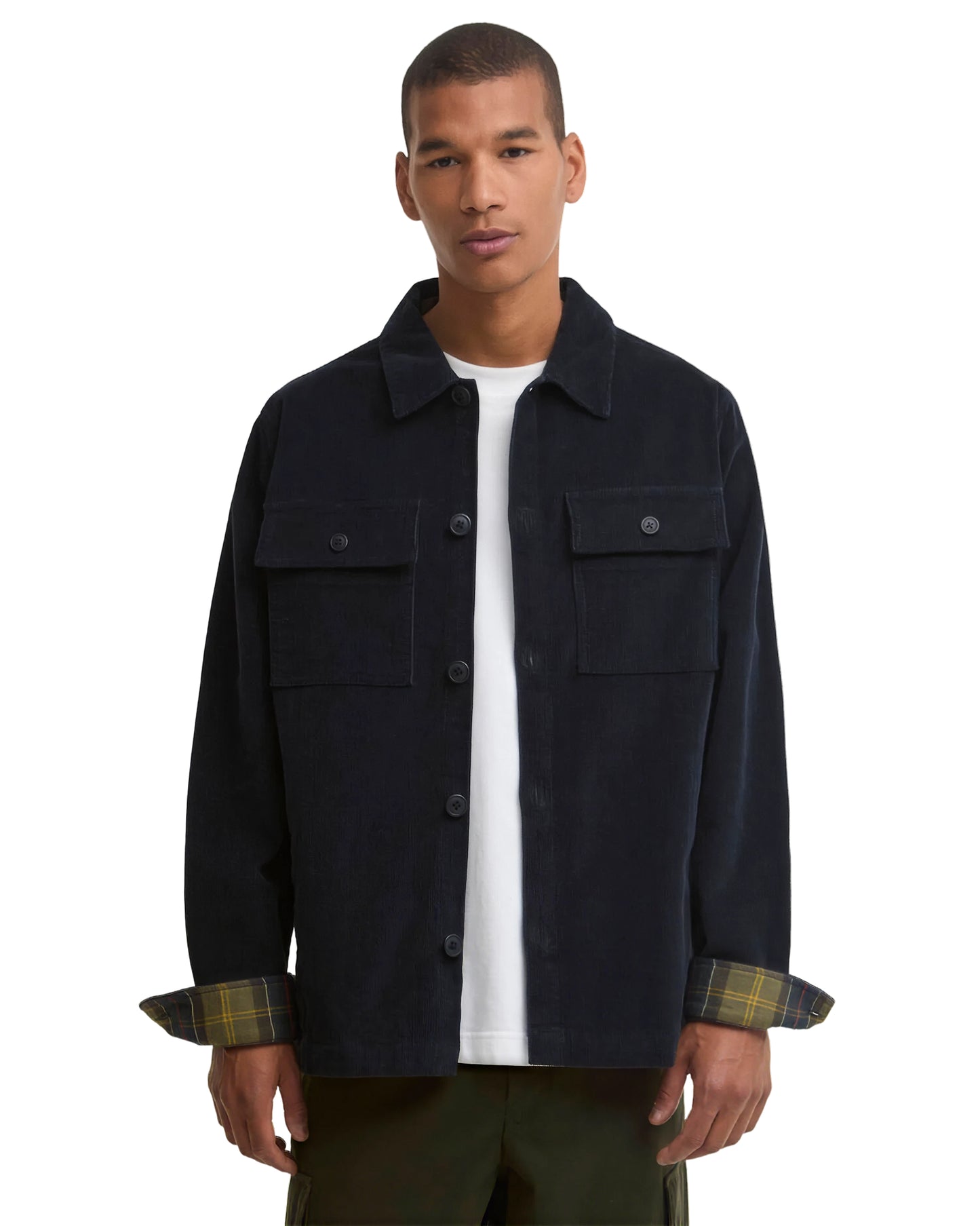 Tartan Trimmed Cord Overshirt Navy